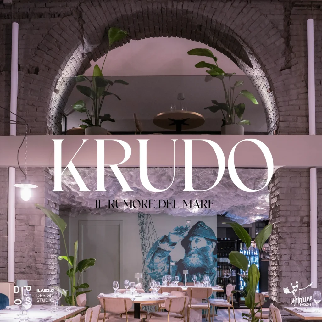 Krudo, ristorante di pesce a Foggia: il logo «Il rumore del mare» sotto l'arco in mattoni